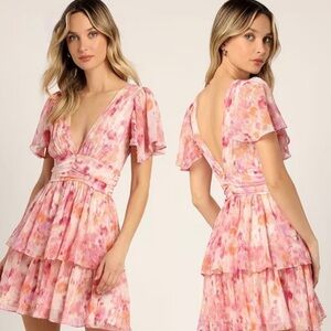 Lulu's Pink & Peach Watercolor V-Neck Tiered Mini Dress